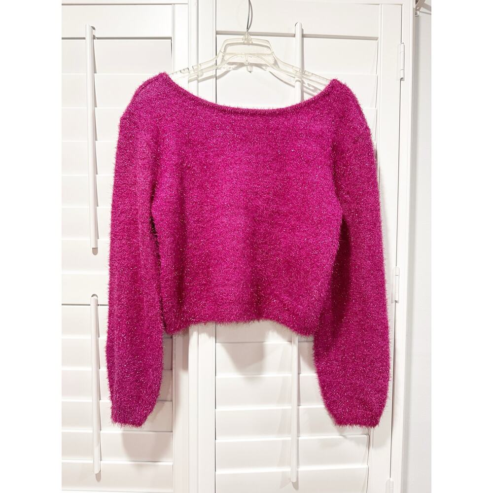Anthropologie Metallic Pink Sweater Cropped Shimmer Eyelash Fuzzy Knit Large